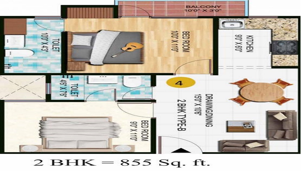 2 bhk 855 sqft
